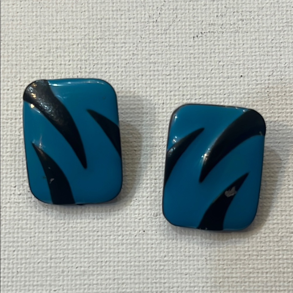 Blue and Black vintage 80’s Geometric Earrings clip backs